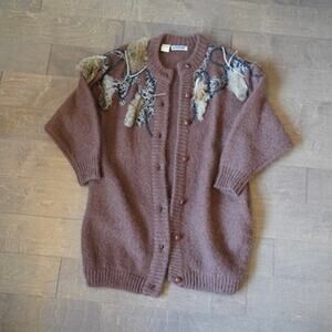 Vintage MarieaKim Wool Cardigan L Brown Fur Trim Lace Beaded Embellished 80s